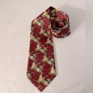 Renaissance Hand Made Necktie Flying Mallard Ducks Red Burgundy